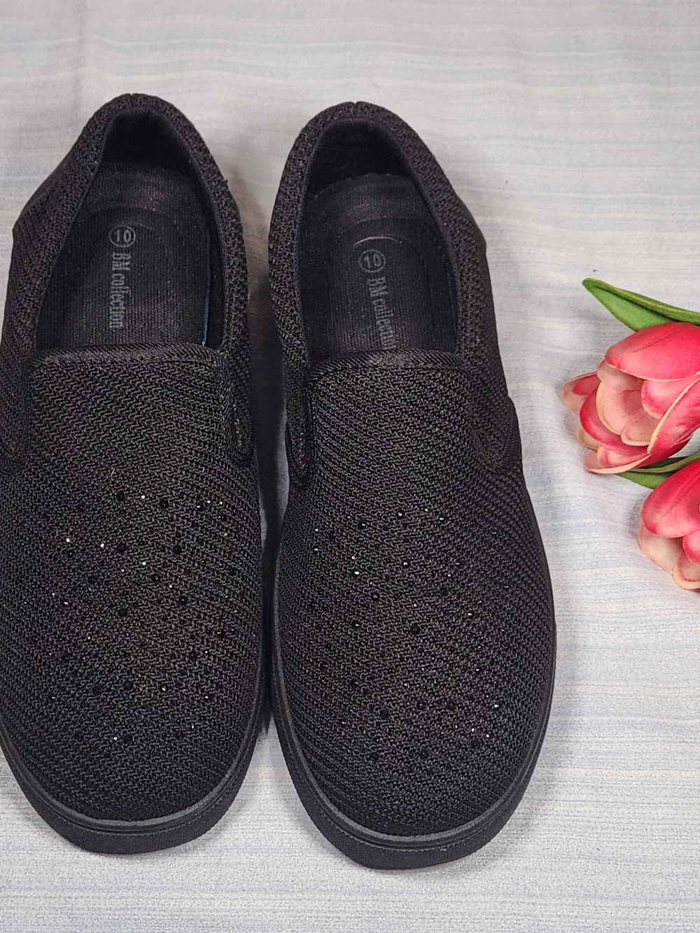 BM Collection Black Knit Rhinestone Slip-On Loafers Sneakers Women's Size 10